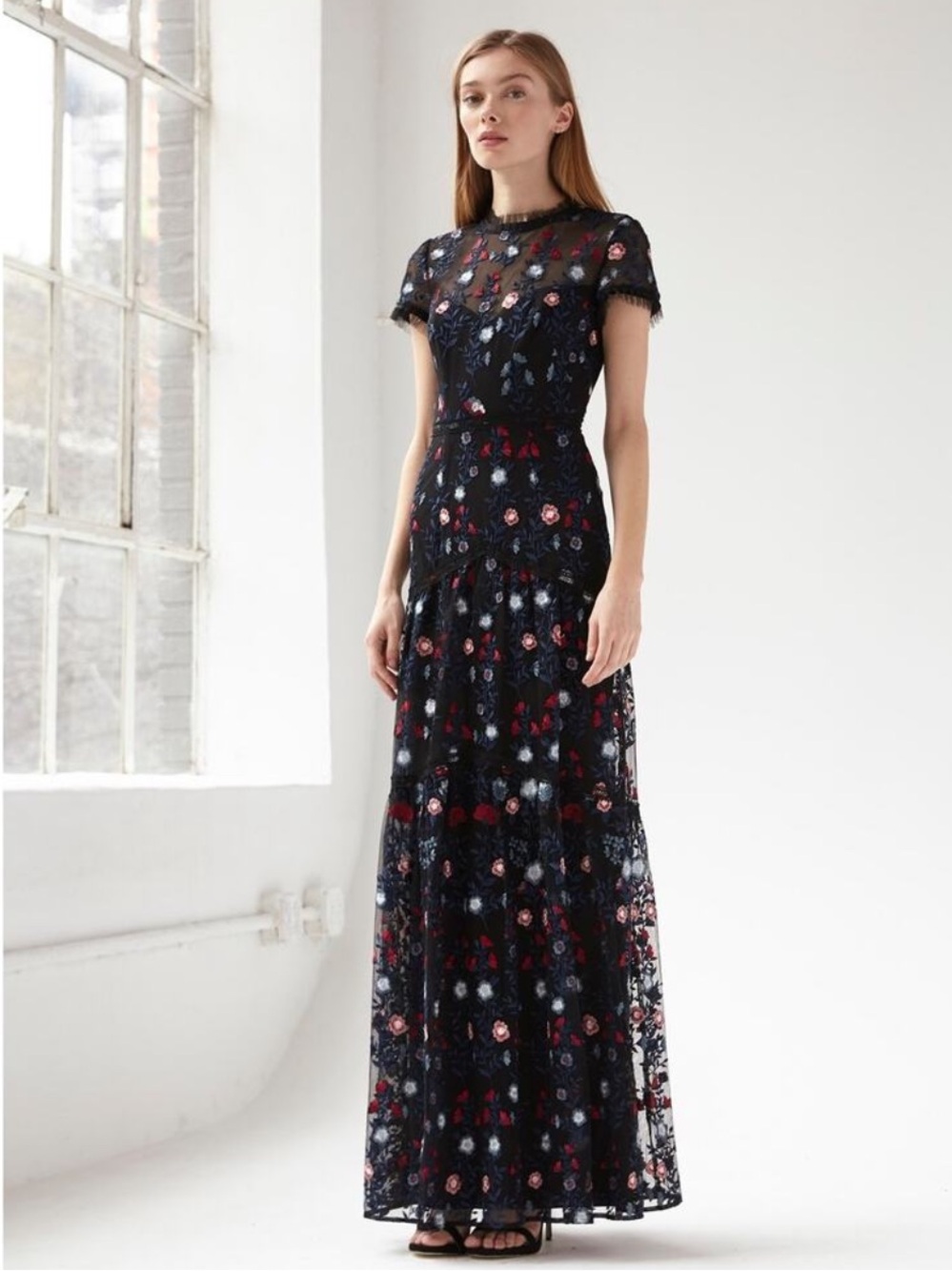 ML Monique Lhuillier Dark Floral Embroidered Gown Maxi Dress in Size 4